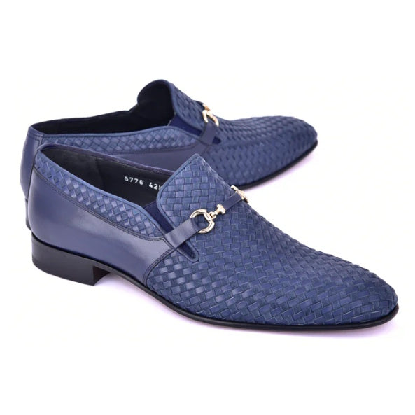Corrente C0223-5776 Buckle Woven Loafer Shoes Navy