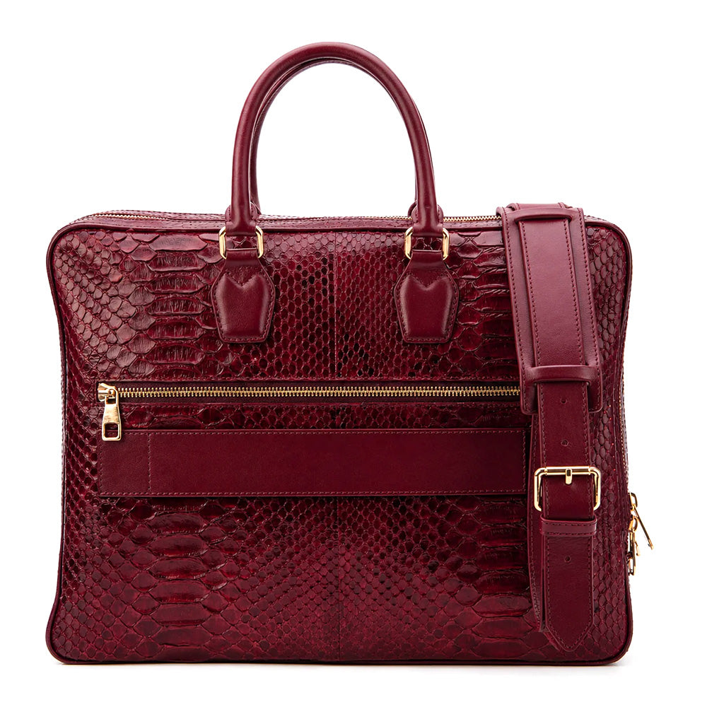 Vinci Leather The Cortona Python Leather Men’s Laptop Briefcase Burgundy