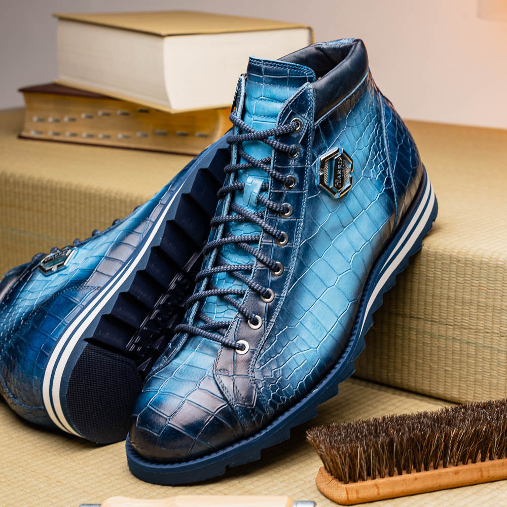 Harris Shoes 1913 Crocodile Print Calfskin Leather Ankle Boots Blue