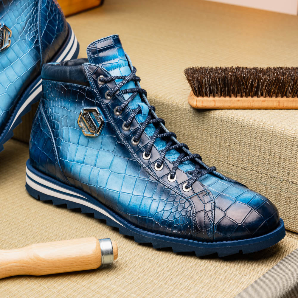 Harris Shoes 1913 Crocodile Print Calfskin Leather Ankle Boots Blue