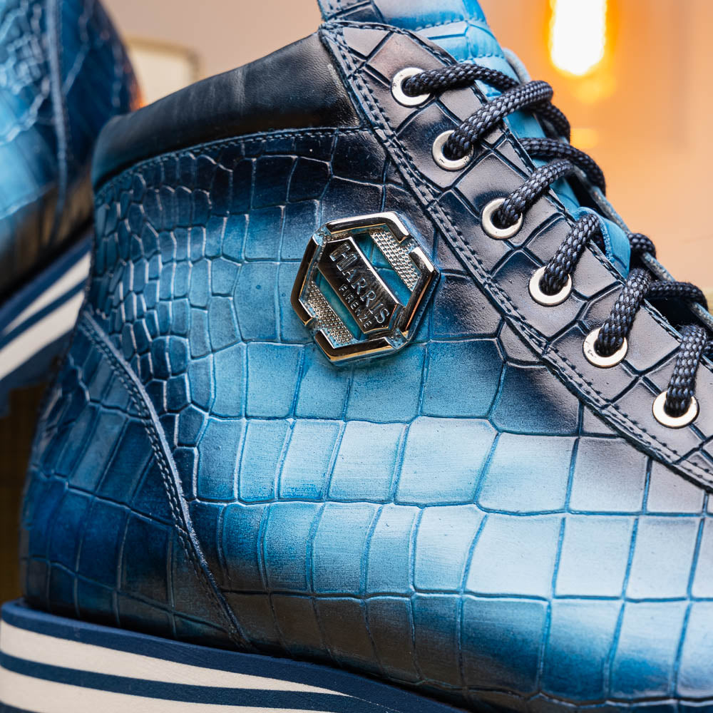 Harris Shoes 1913 Crocodile Print Calfskin Leather Ankle Boots Blue