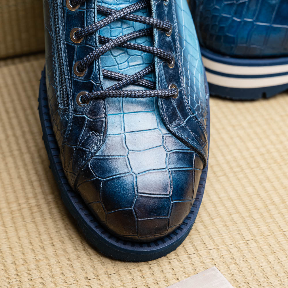 Harris Shoes 1913 Crocodile Print Calfskin Leather Ankle Boots Blue