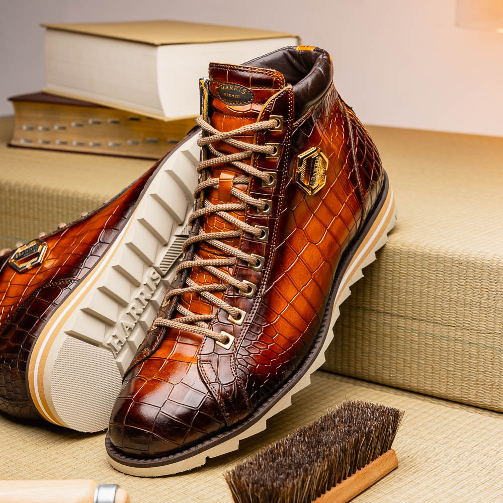 Harris Shoes 1913 Crocodile Print Calfskin Leather Ankle Boots Brown