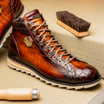 Harris Shoes 1913 Crocodile Print Calfskin Leather Ankle Boots Brown