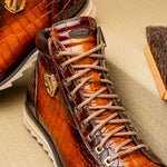 Harris Shoes 1913 Crocodile Print Calfskin Leather Ankle Boots Brown