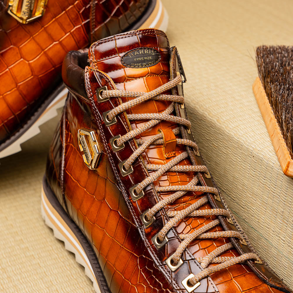 Harris Shoes 1913 Crocodile Print Calfskin Leather Ankle Boots Brown