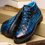 Harris Shoes 1913 Crocodile Print Leather Ankle Boots Blue