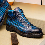 Harris Shoes 1913 Crocodile Print Leather Ankle Boots Blue