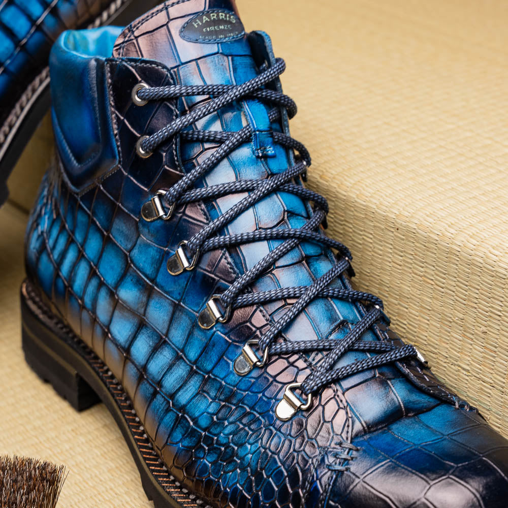 Harris Shoes 1913 Crocodile Print Leather Ankle Boots Blue