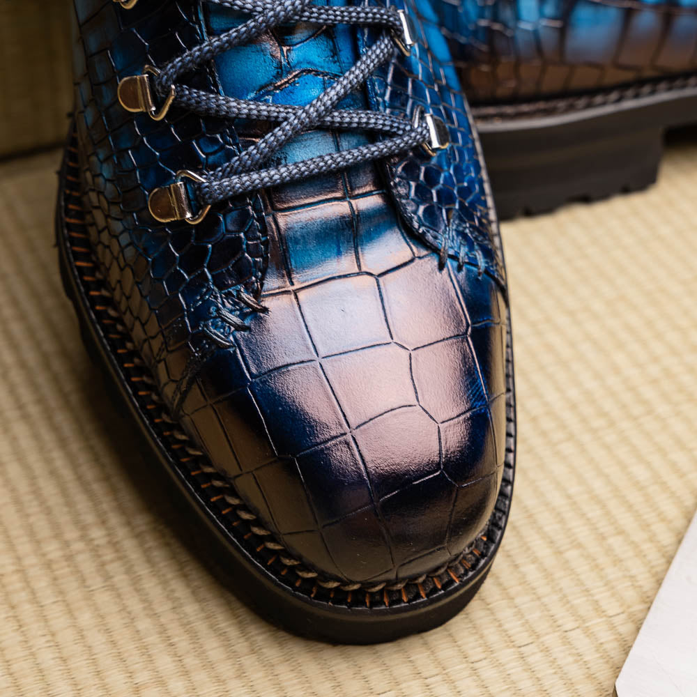 Harris Shoes 1913 Crocodile Print Leather Ankle Boots Blue