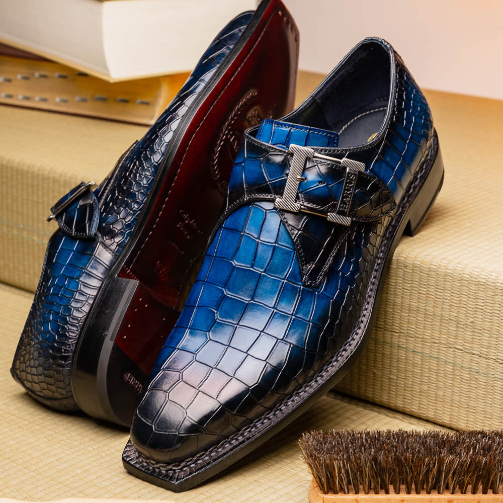 Harris Shoes 1913 Crocodile Print Mono Leather Shoes Blue