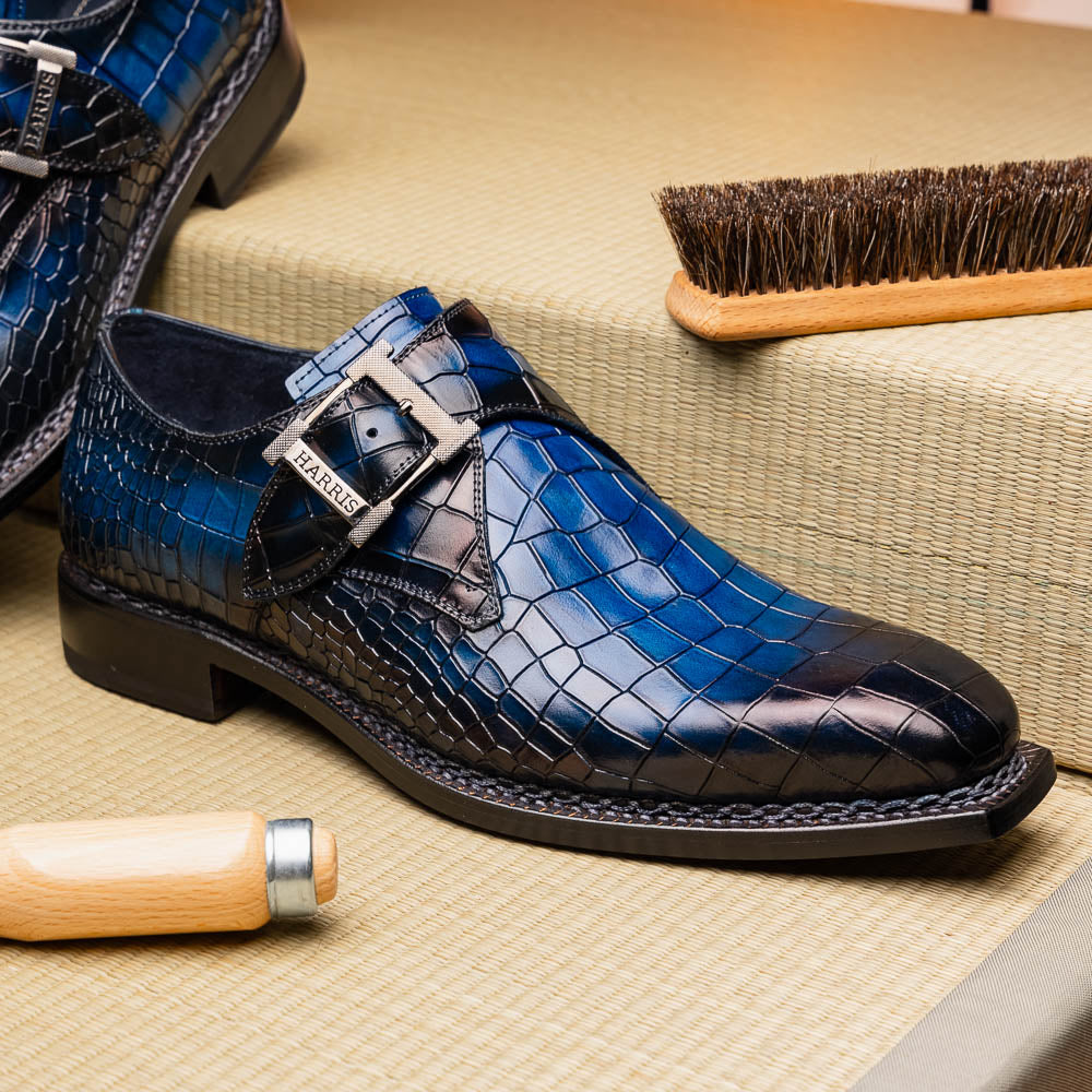 Harris Shoes 1913 Crocodile Print Mono Leather Shoes Blue