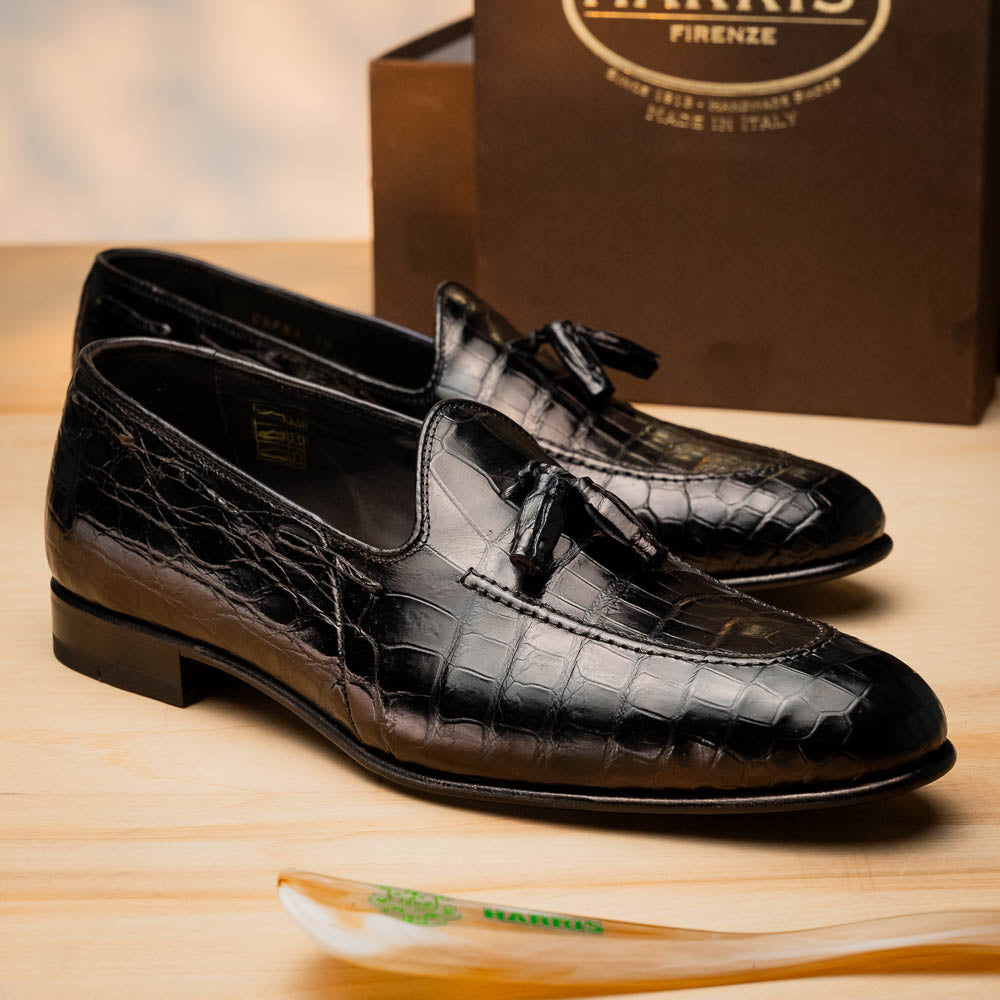 Harris Shoes 1913 Crocodile Leather Tassel Loafers Black