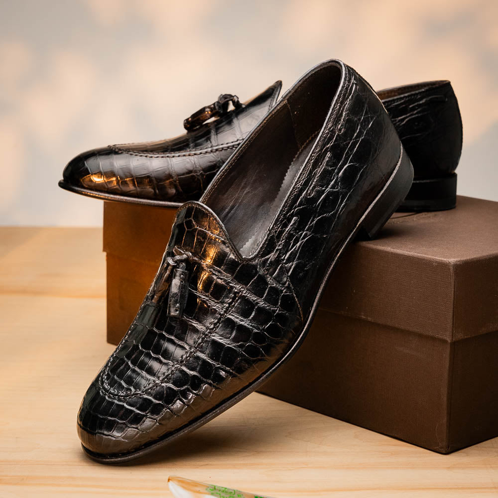 Harris Shoes 1913 Crocodile Leather Tassel Loafers Black