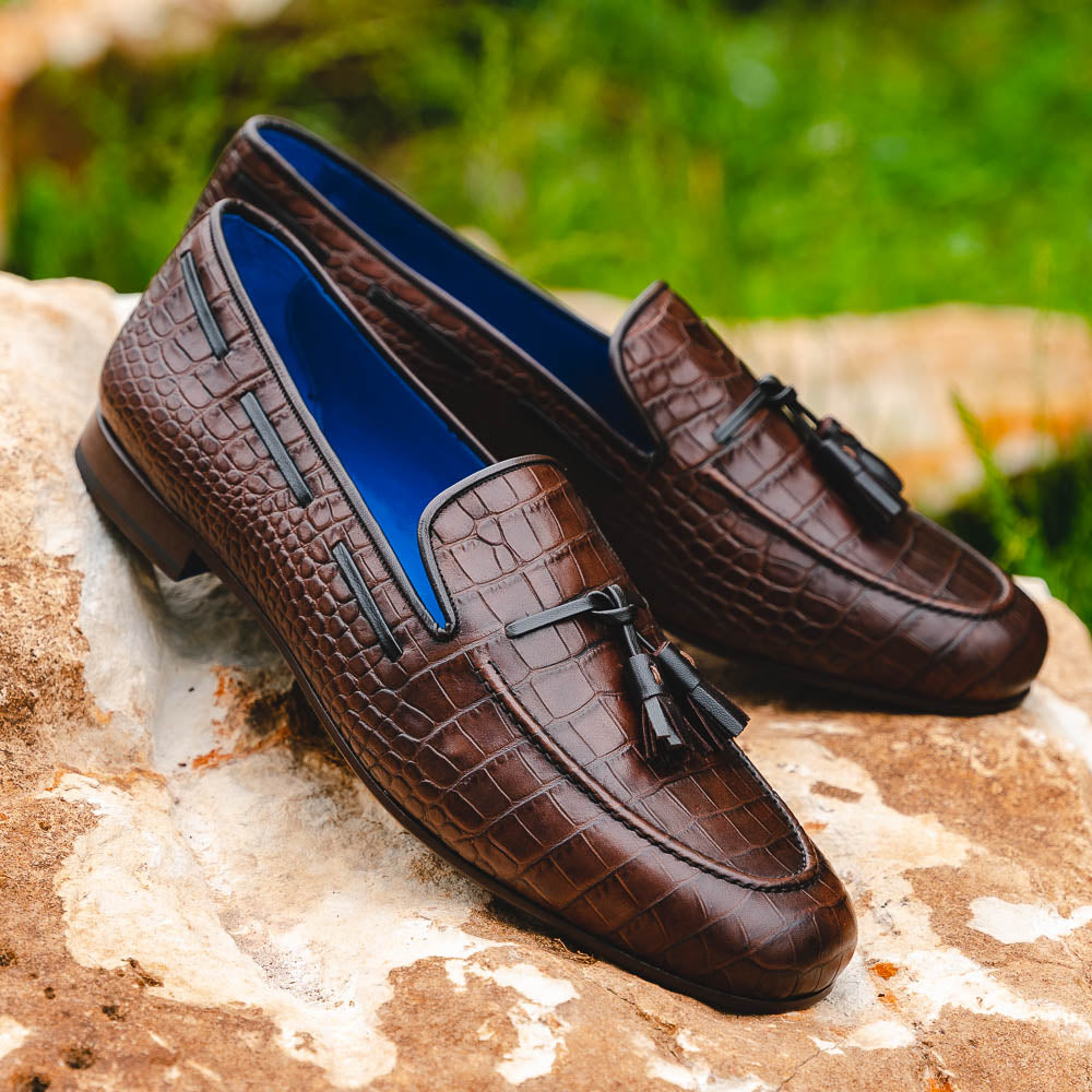 Emanuele Sempre Crocco Tassel Loafers Dark Brown