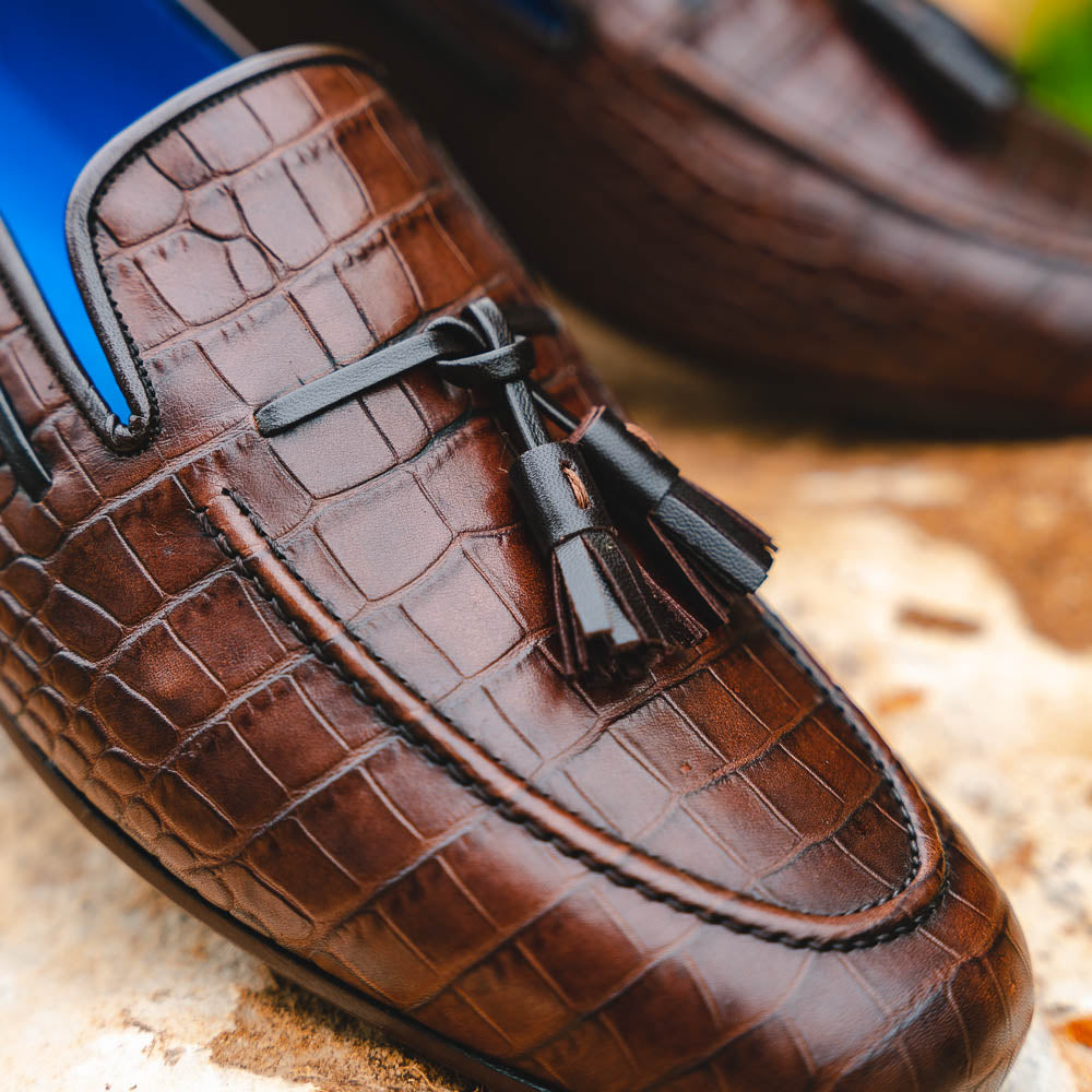 Emanuele Sempre Crocco Tassel Loafers Dark Brown