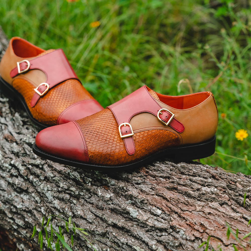Emanuele Sempre Double Monk Python Shoes Cognac