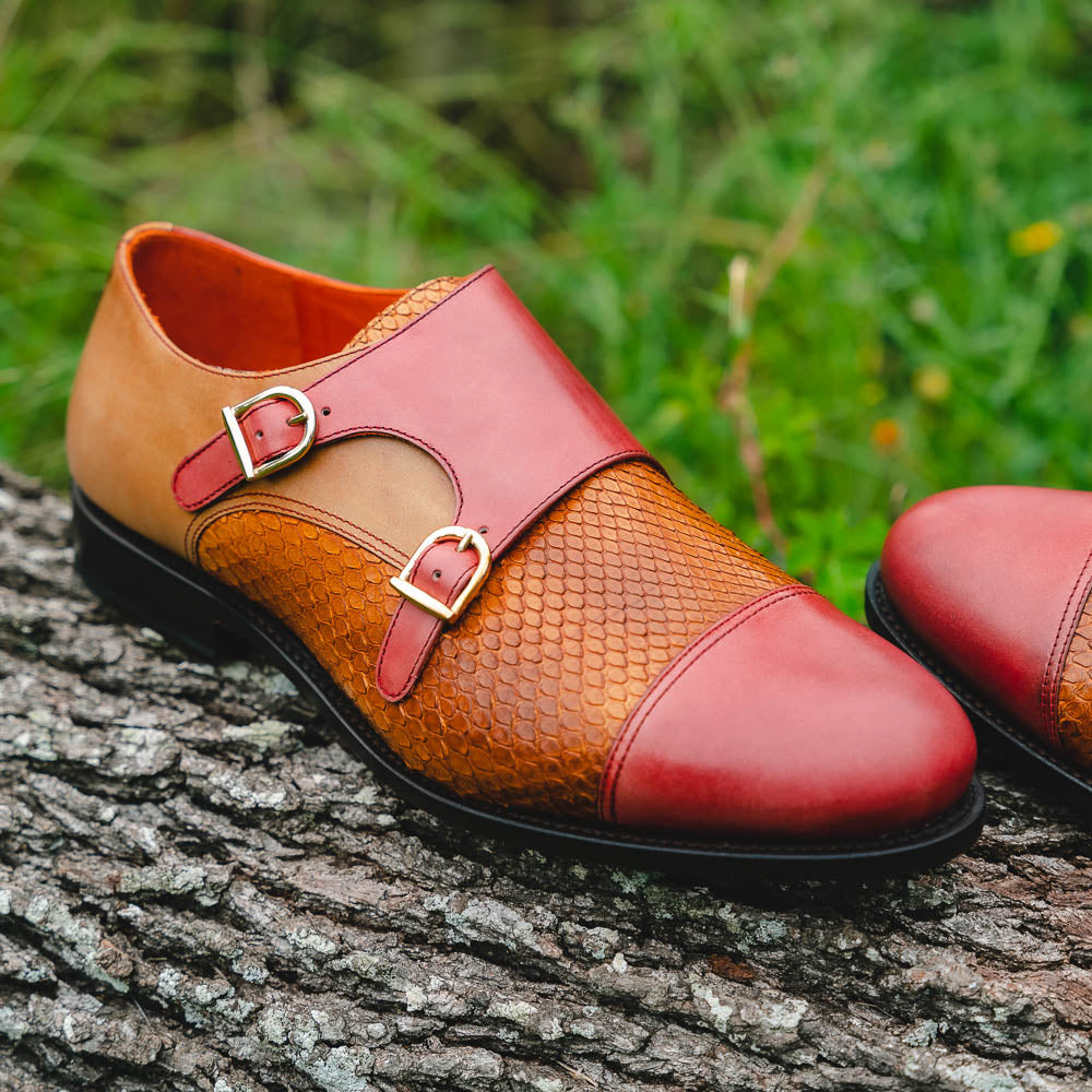 Emanuele Sempre Double Monk Python Shoes Cognac
