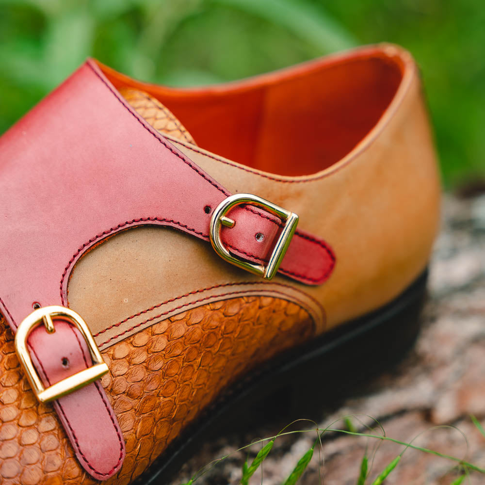 Emanuele Sempre Double Monk Python Shoes Cognac