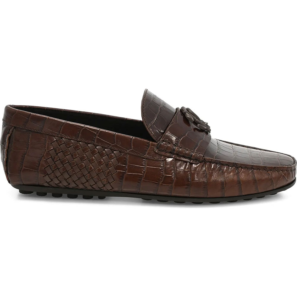 Roberto Cavalli Crocodile Embossed Woven Leather Bit Driving Shoe Cacao