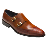 David X Ethan Calfskin & Ostrich Double Monk Strap Shoes Cognac
