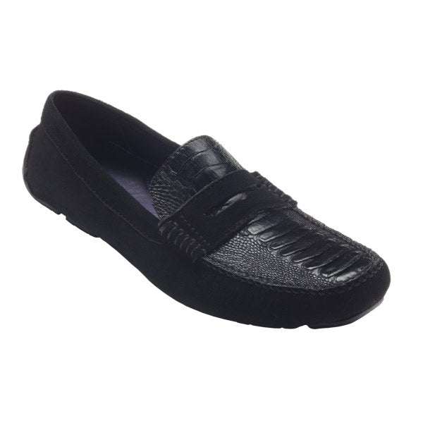 David X Penny Ostrich Leg & Suede Driving Shoes Black