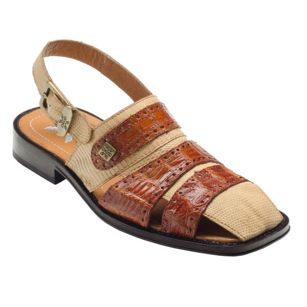 David X Sandy Crocodile & Lizard Sandals Cognac/Beige