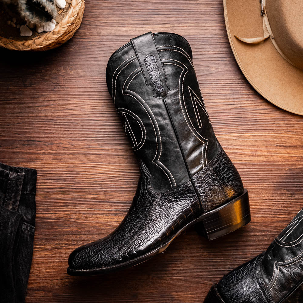 Marco Di Milano Denver Ostrich Leg Round Toe Cowboy Boot Black