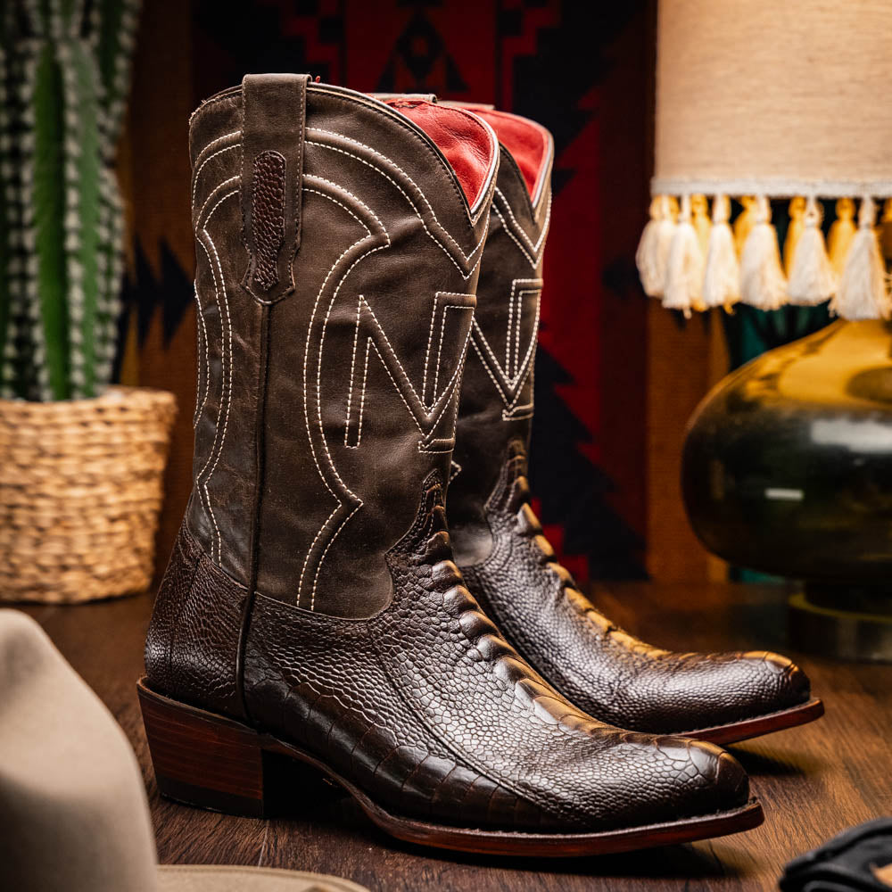Marco Di Milano Denver Ostrich Leg Round Toe Cowboy Boot Brown