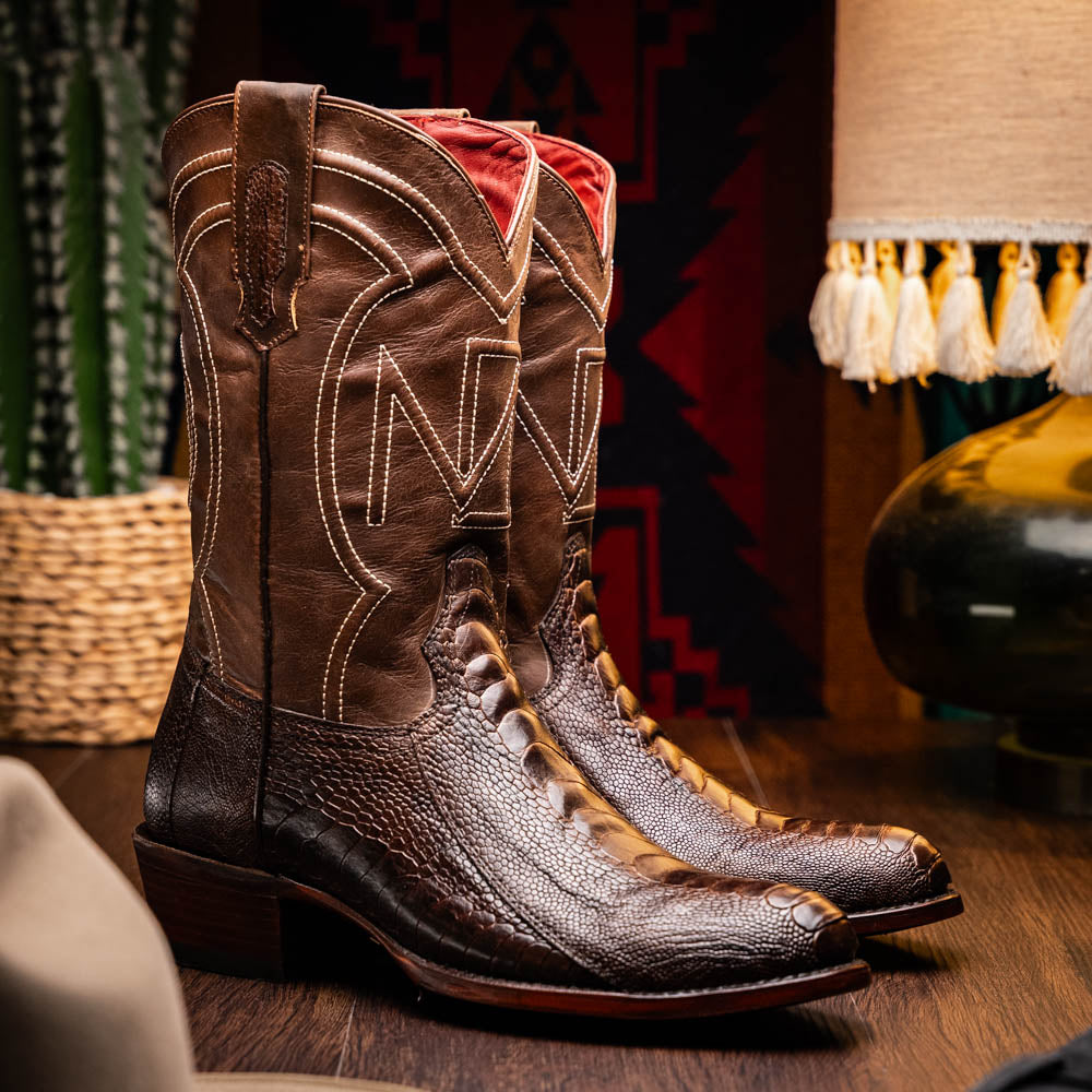 Marco Di Milano Denver Ostrich Leg Round Toe Cowboy Boot Kango Tabac