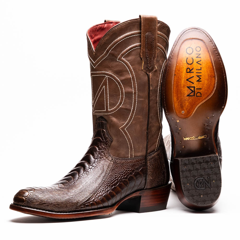 Marco Di Milano Denver Ostrich Leg Round Toe Cowboy Boot Kango Tabac