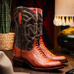 Marco Di Milano Denver Ostrich Leg Round Toe Cowboy Boot Rustic Cognac