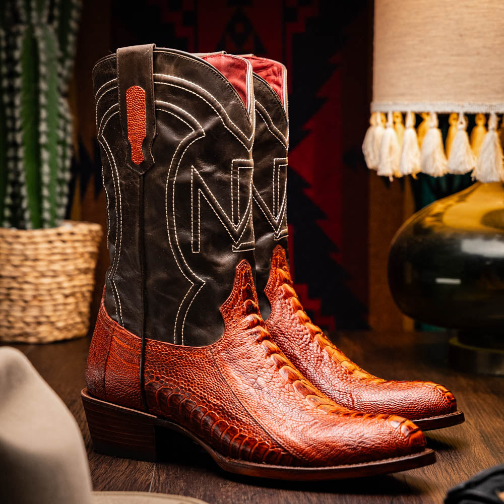 Marco Di Milano Denver Ostrich Leg Round Toe Cowboy Boot Rustic Cognac