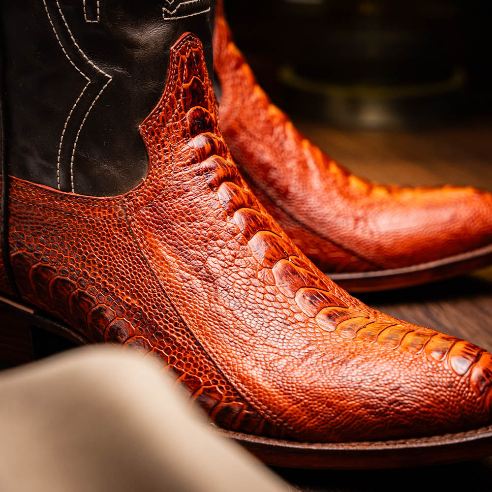Marco Di Milano Denver Ostrich Leg Round Toe Cowboy Boot Rustic Cognac