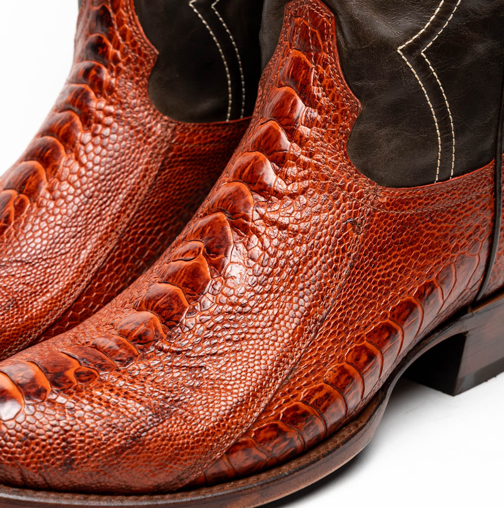 Marco Di Milano Denver Ostrich Leg Round Toe Cowboy Boot Rustic Cognac