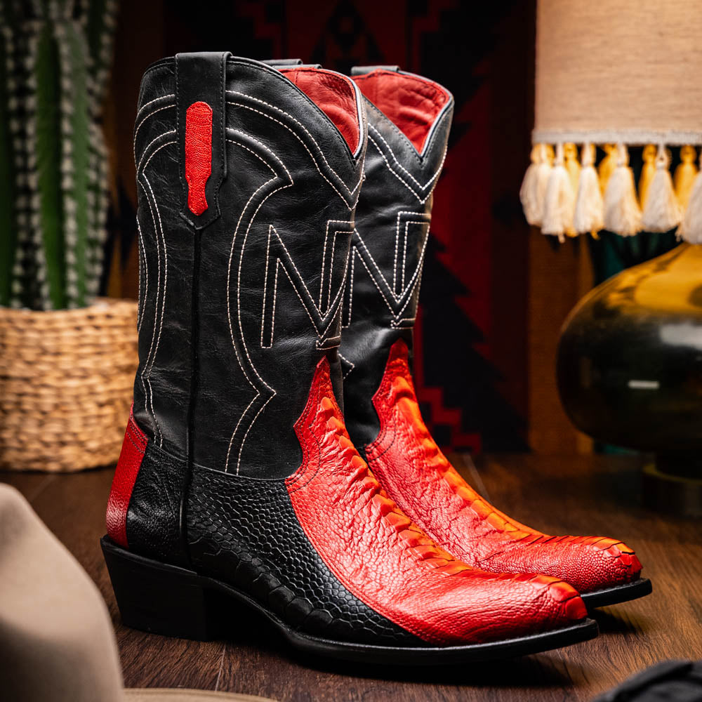 Marco Di Milano Denver Ostrich Leg Round Toe Cowboy Boot Red / Black