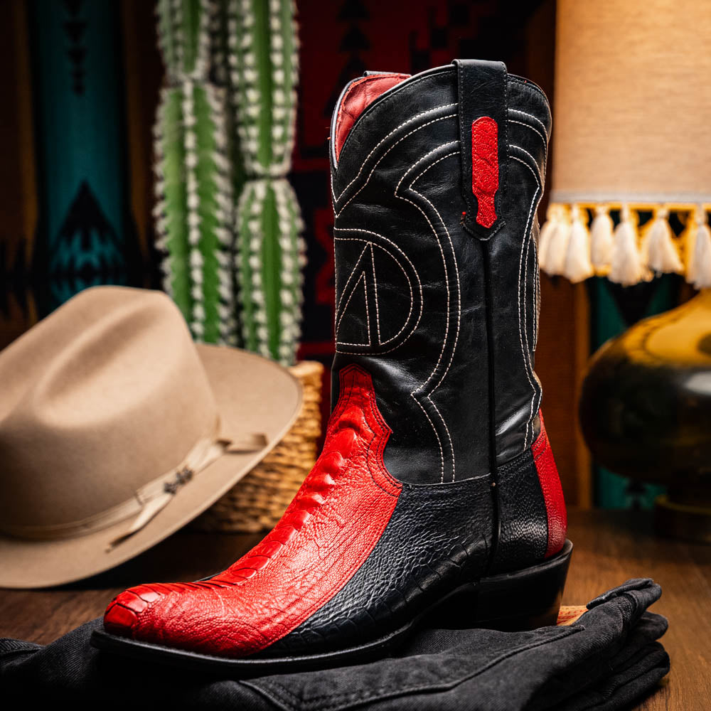 Marco Di Milano Denver Ostrich Leg Round Toe Cowboy Boot Red / Black