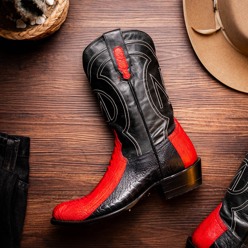 Marco Di Milano Denver Ostrich Leg Round Toe Cowboy Boot Red / Black