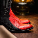 Marco Di Milano Denver Ostrich Leg Round Toe Cowboy Boot Red / Black