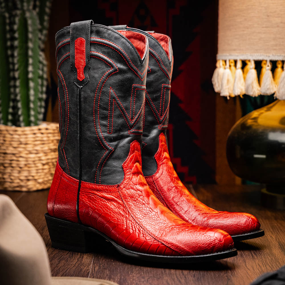 Marco Di Milano Denver Ostrich Leg Round Toe Cowboy Boot Red