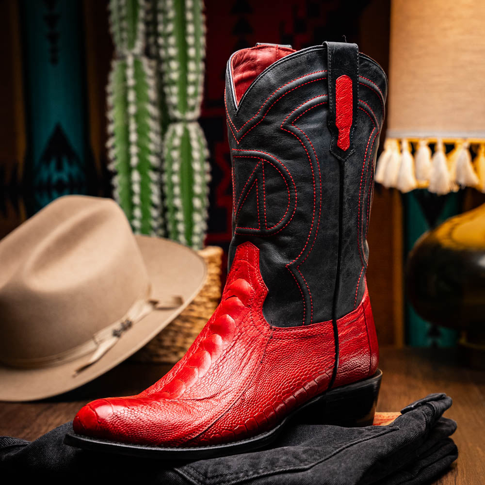 Marco Di Milano Denver Ostrich Leg Round Toe Cowboy Boot Red