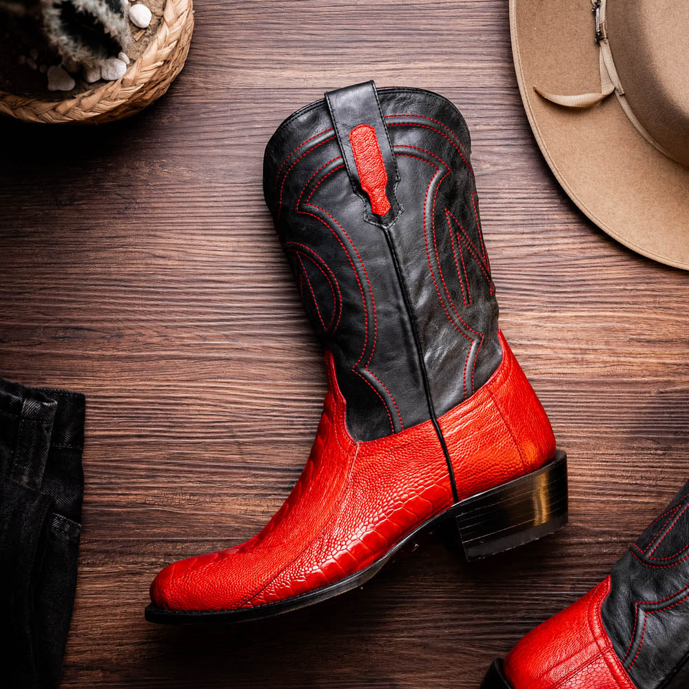 Marco Di Milano Denver Ostrich Leg Round Toe Cowboy Boot Red