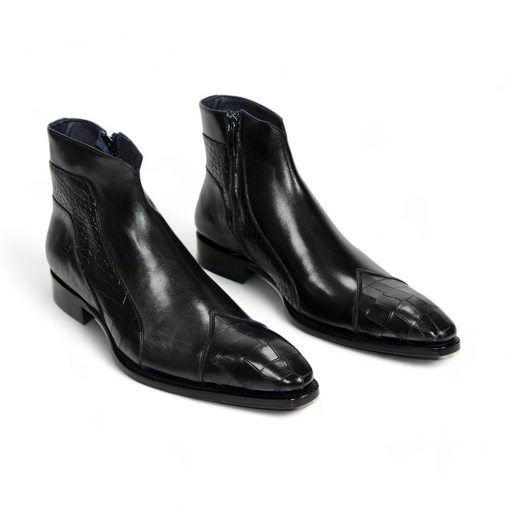 Duca by Matiste Aprilia Genuine Leather/ Embossed Croco Boots Black