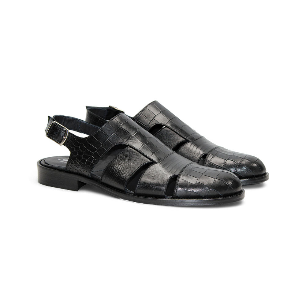 Duca by Matiste Positano Embossed Leather Croco/Lizard Slippers Black