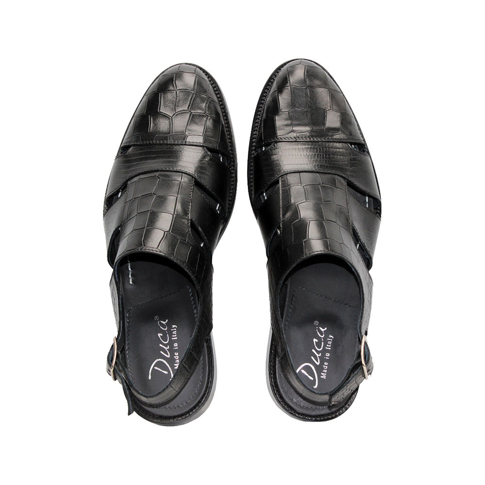 Duca by Matiste Positano Embossed Leather Croco/Lizard Slippers Black