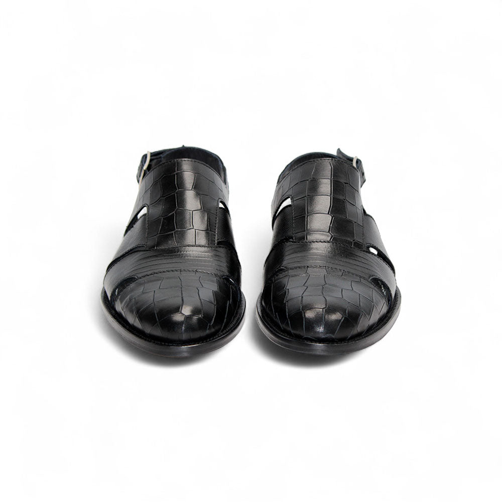 Duca by Matiste Positano Embossed Leather Croco/Lizard Slippers Black