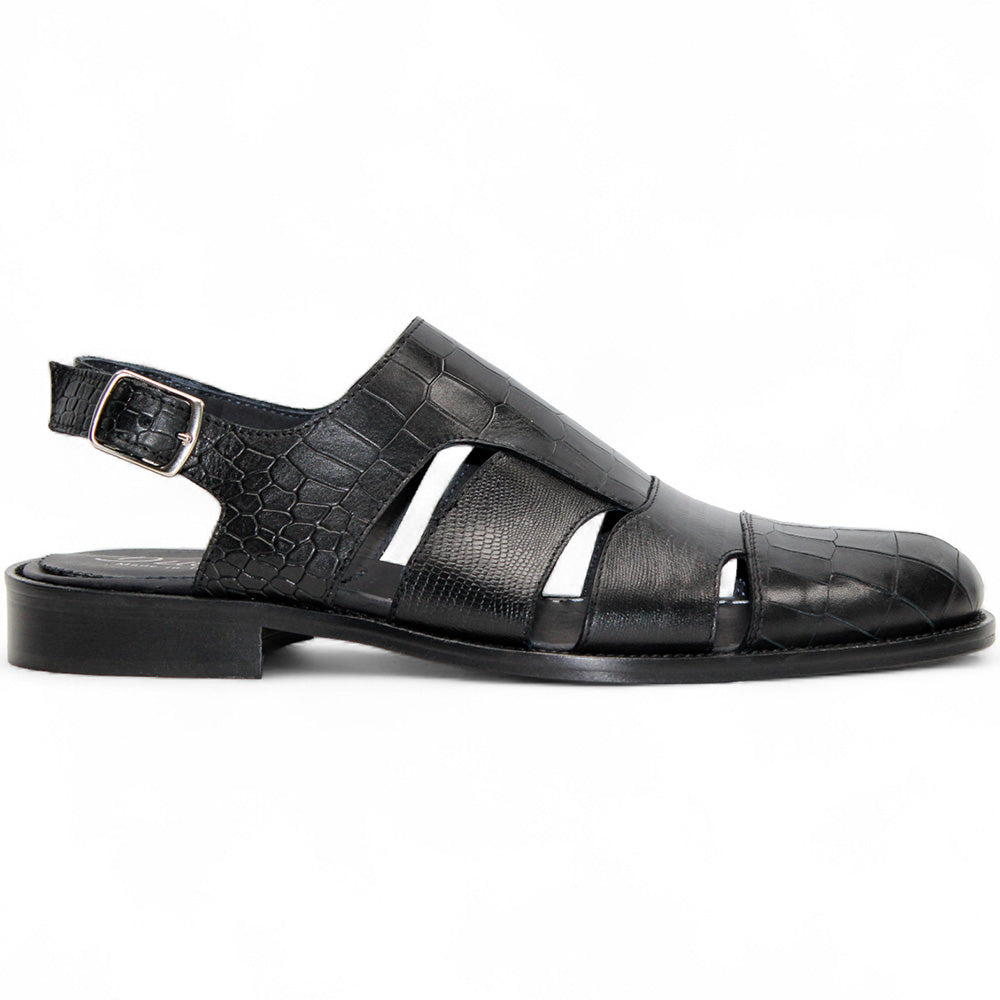 Duca by Matiste Positano Embossed Leather Croco/Lizard Slippers Black
