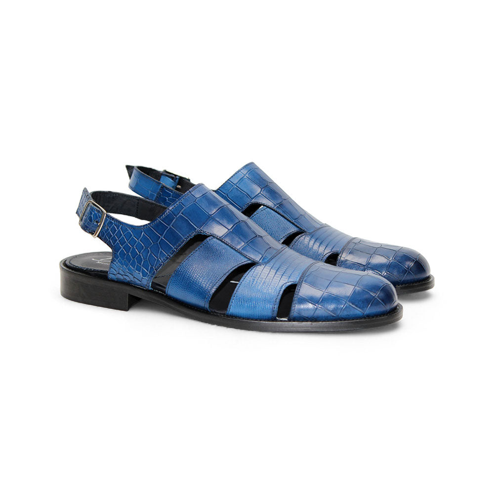 Duca by Matiste Positano Embossed Leather Croco/Lizard Slippers Blue