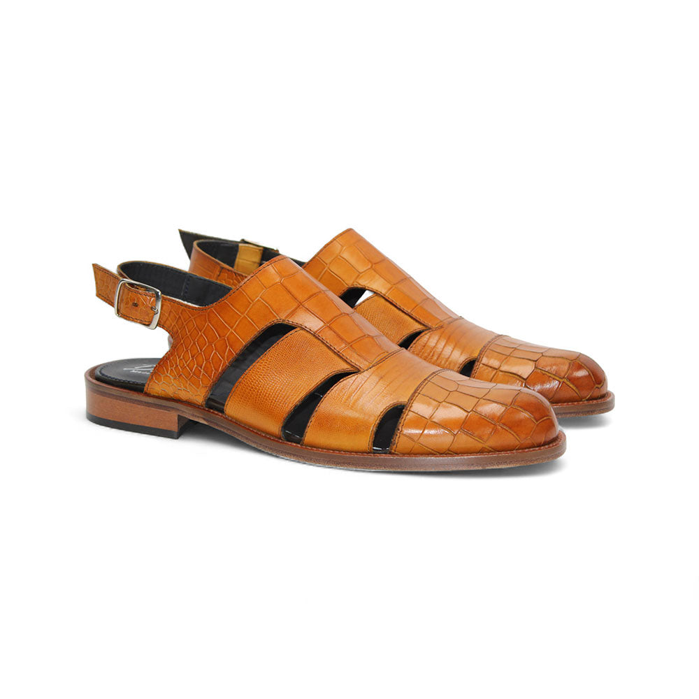 Duca by Matiste Positano Embossed Leather Croco/Lizard Slippers Senape
