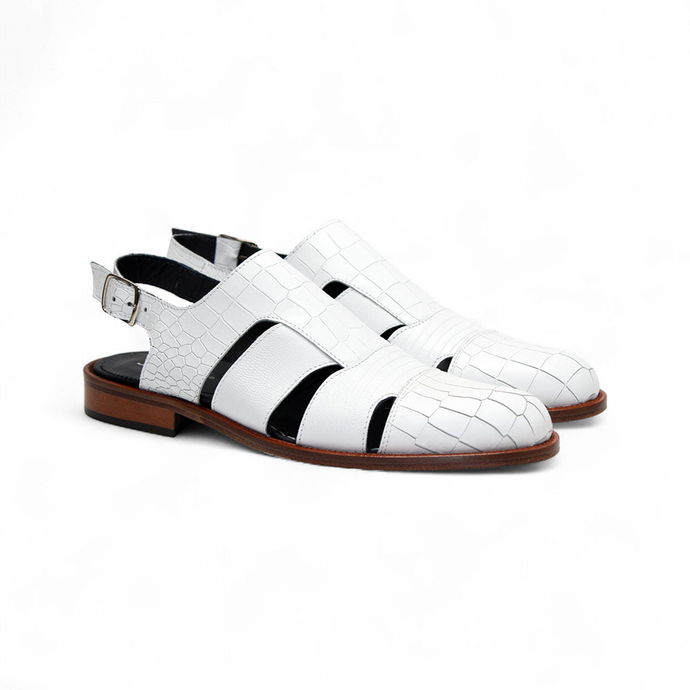Duca by Matiste Positano Embossed Leather Croco/Lizard Slippers White